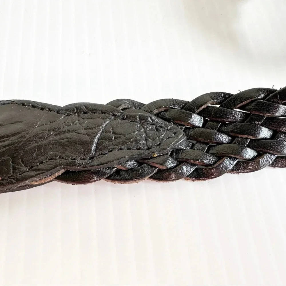 Vintage Crocodile, Woven Leather Belt Black Silver Decorative Buckle